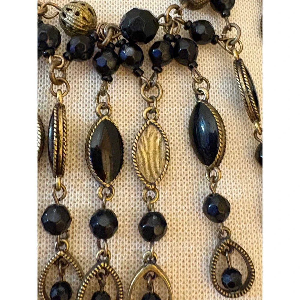 Antique Brass Black Beaded Bib Fringe Statement Necklace Gothic Boho